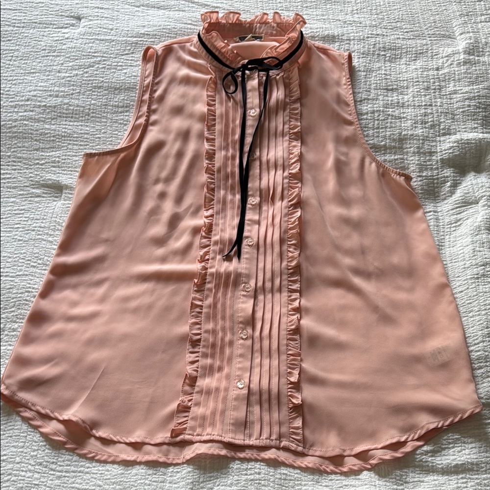 Pleione Women's Pink Sleeveless Blouse with Ruffle and Velvet Detail